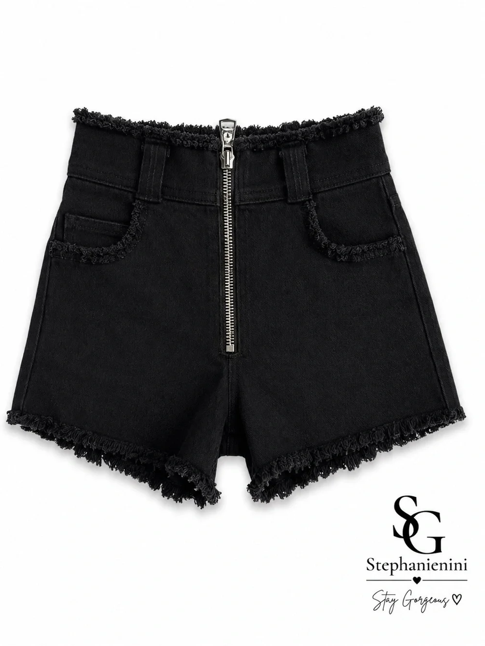 Black High Waisted Denim Shorts with Front Zipper & Frayed Hem